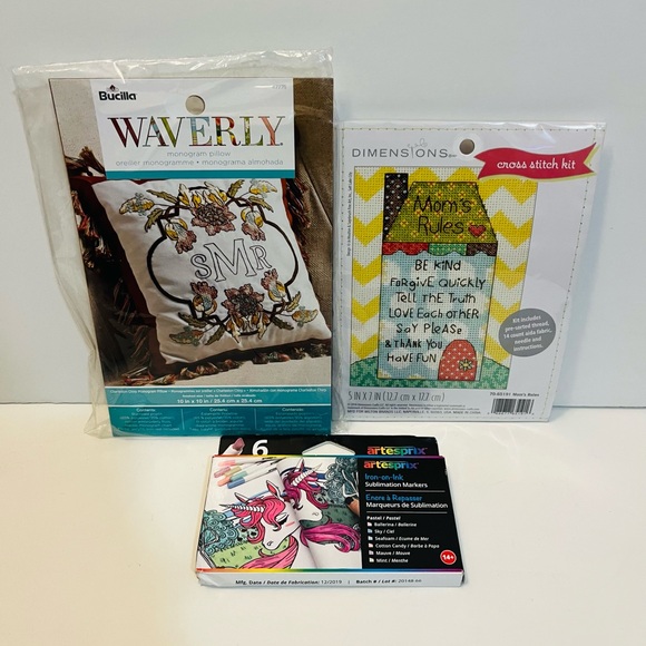 Dimensions Mom's Rules Cross Stitch Bucilla Monogram Pillow & Artesprix Ink Lot - Picture 1 of 7